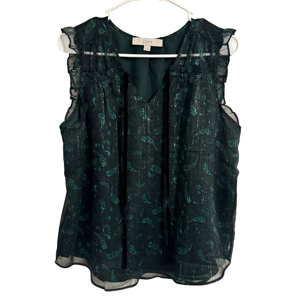 LOFT Green Paisley Metallic Pinstripe Ruffle V-Neck Velvet Tie Blouse Medium